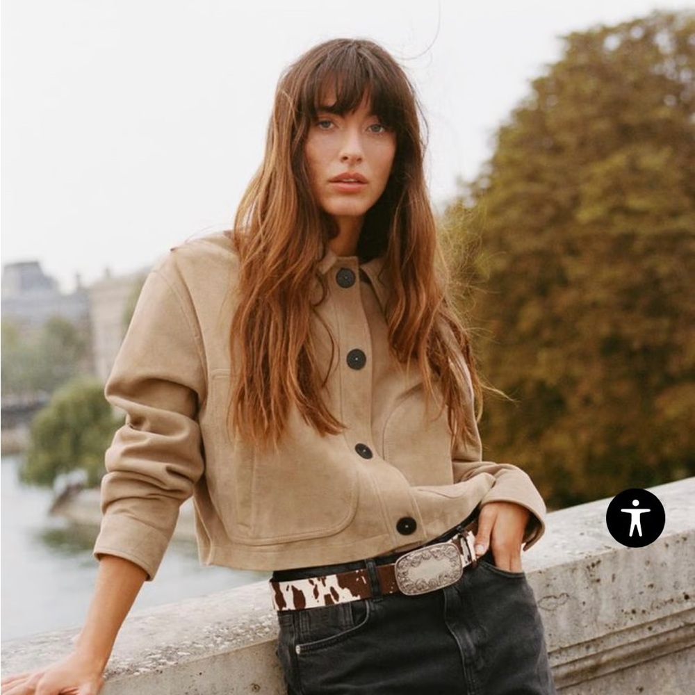 Zara New 100% Leather Suede Collar Jacket Beige NWT - Picture 14 of 14